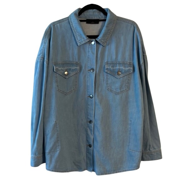 Lane Bryant Tops - Lane Bryant Cotton Denim Blue Boxy Button Down Shirt Shacket Pockets 16 XL Stain